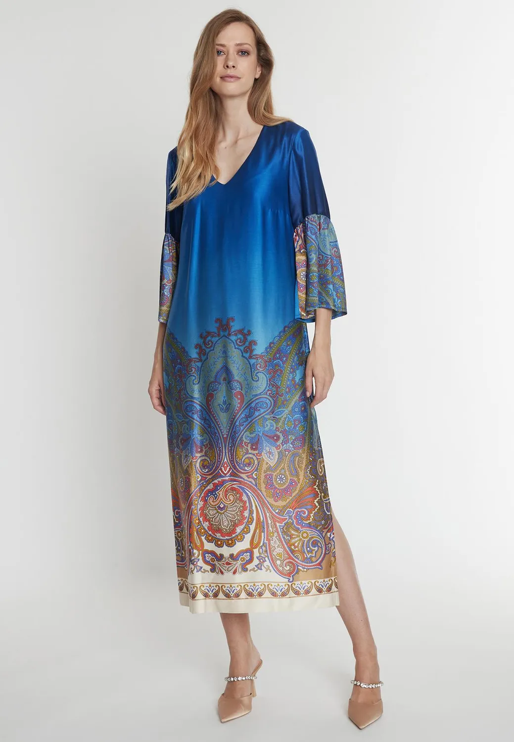 Ana Alcazar Pamea caftano midi blu raso invitata