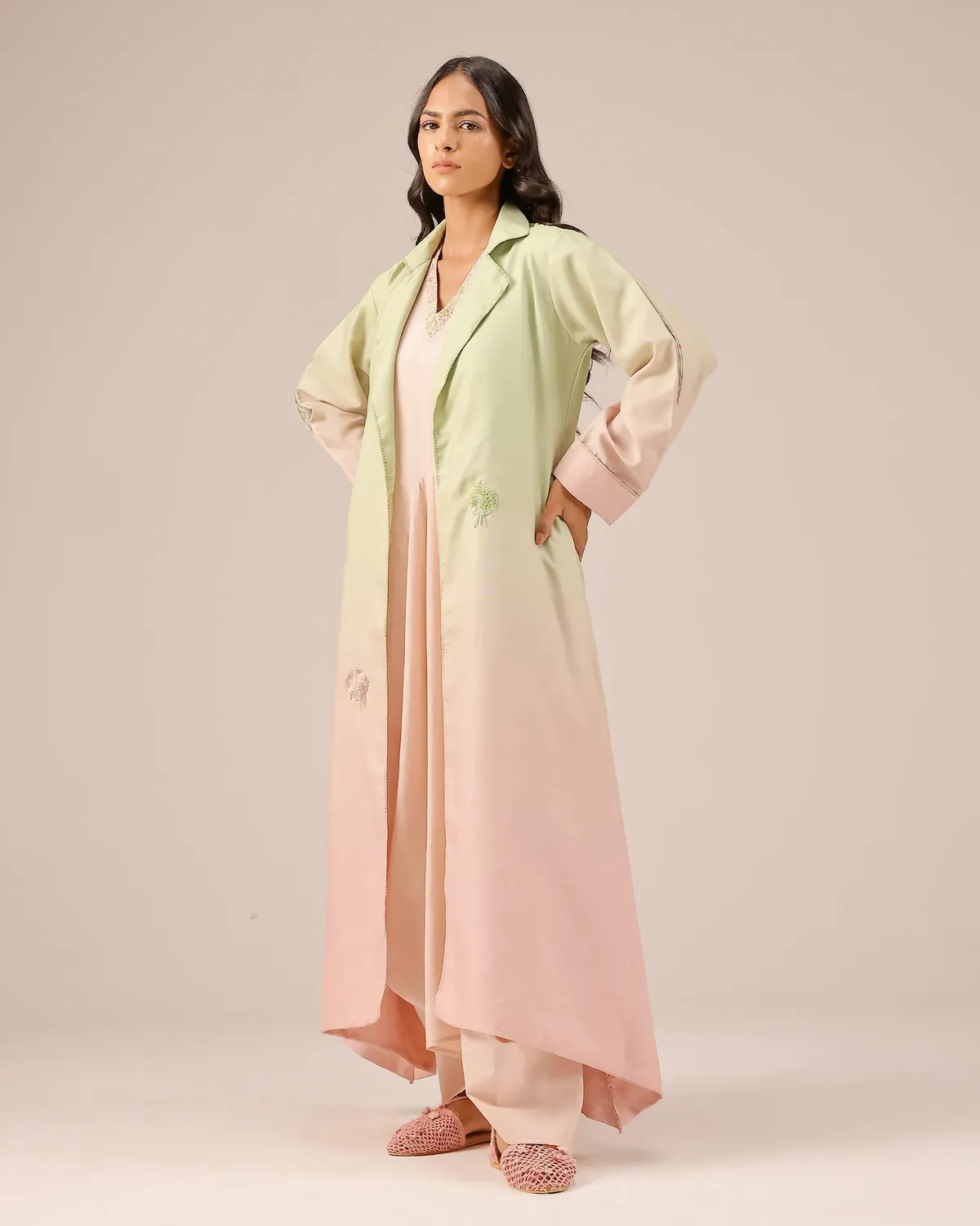 Our Dve Ocean Dusk giacca donna verde-rosa lino lunga