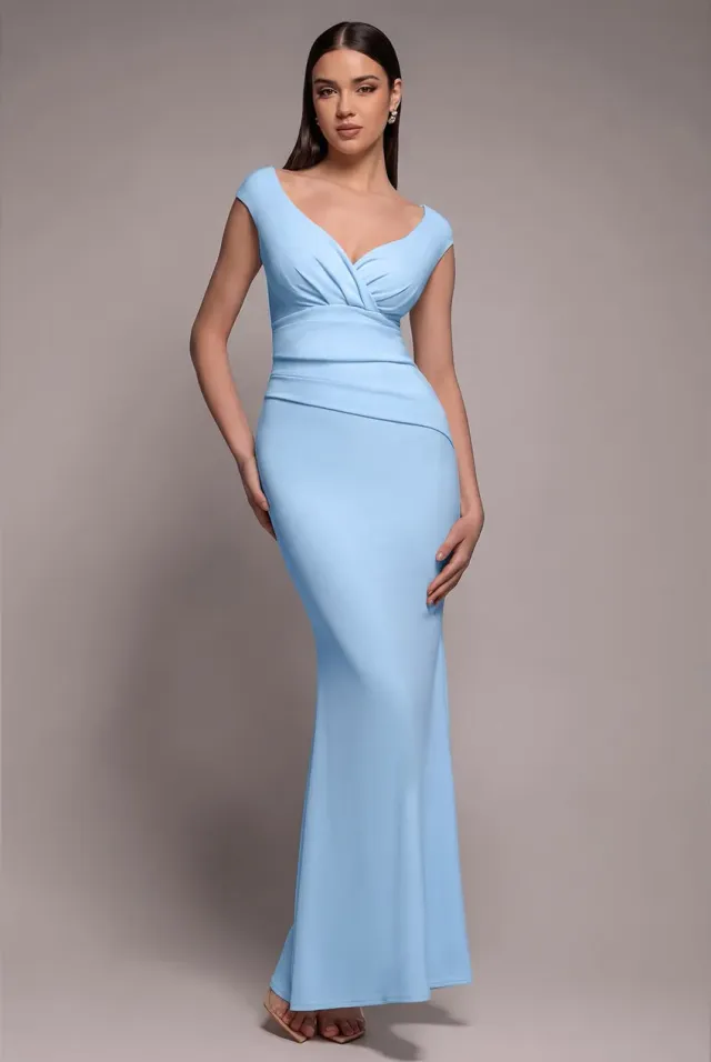 Goddiva Bardot abito lungo azzurro plissettato monospalla