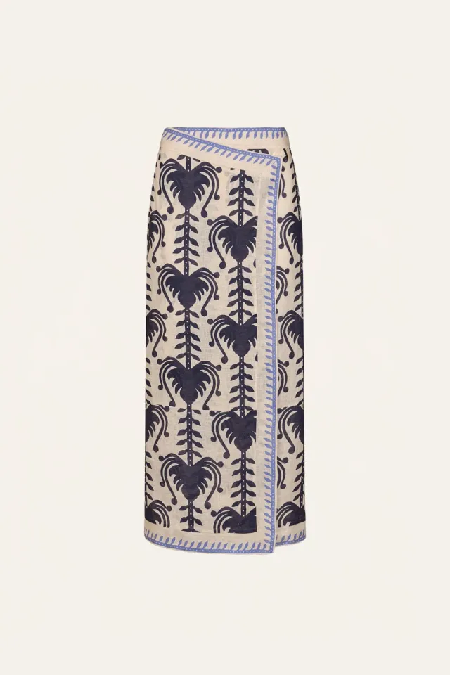 Johanna Ortiz Deep Blue Sea gonna lino avvolgente midi