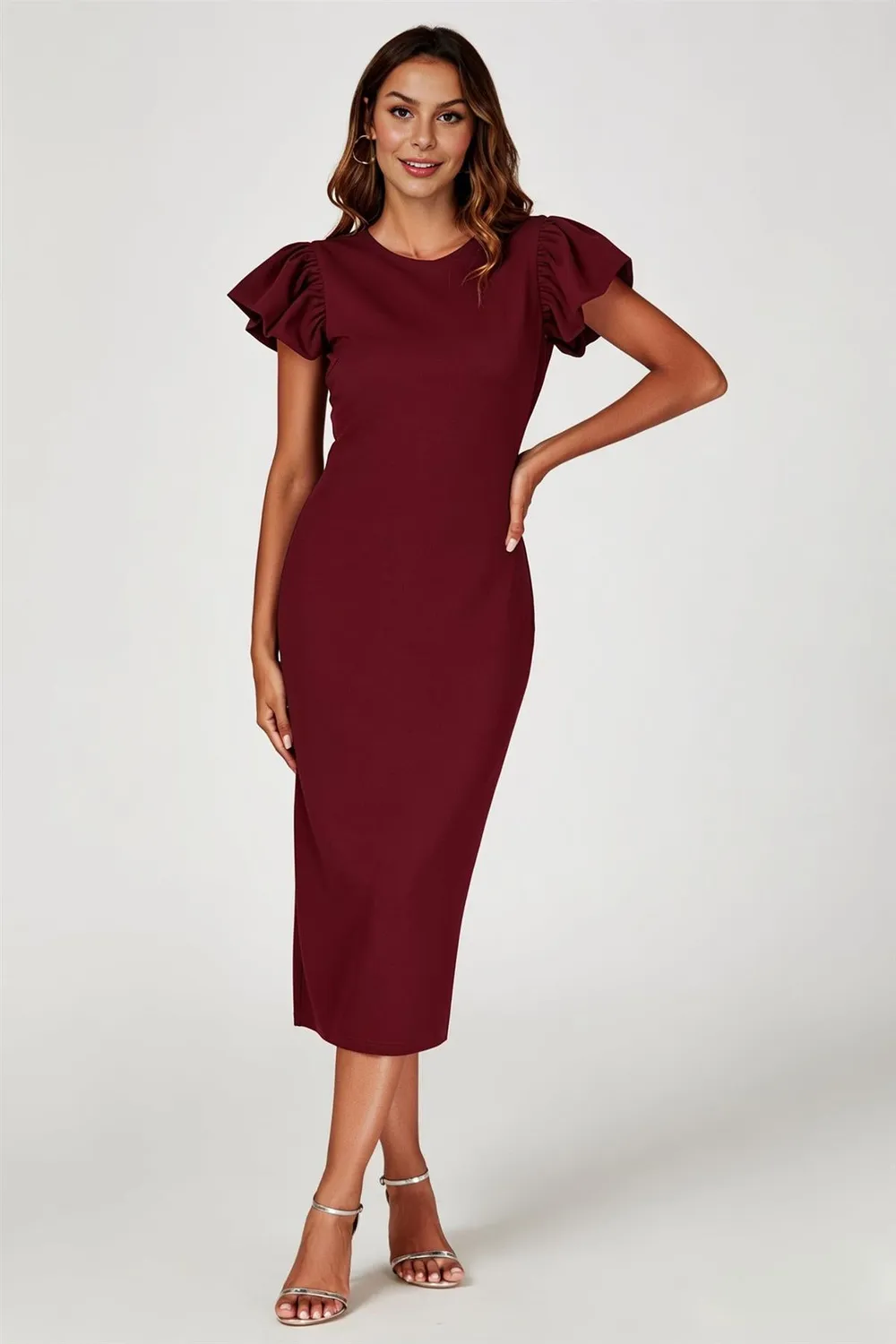 FS Collection abito midi bodycon bordeaux manica volant