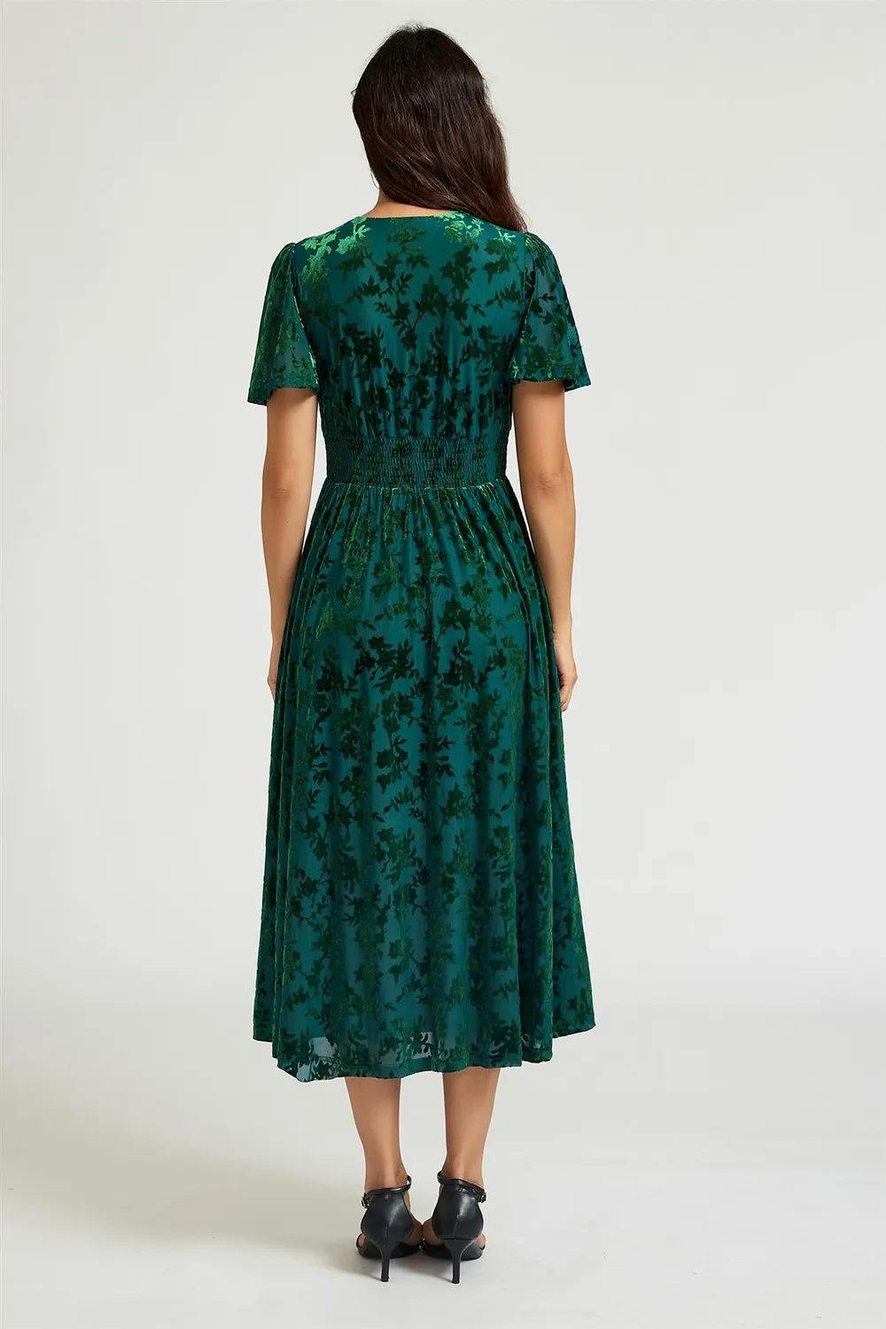 FS Collection abito midi velluto floreale verde scollo V