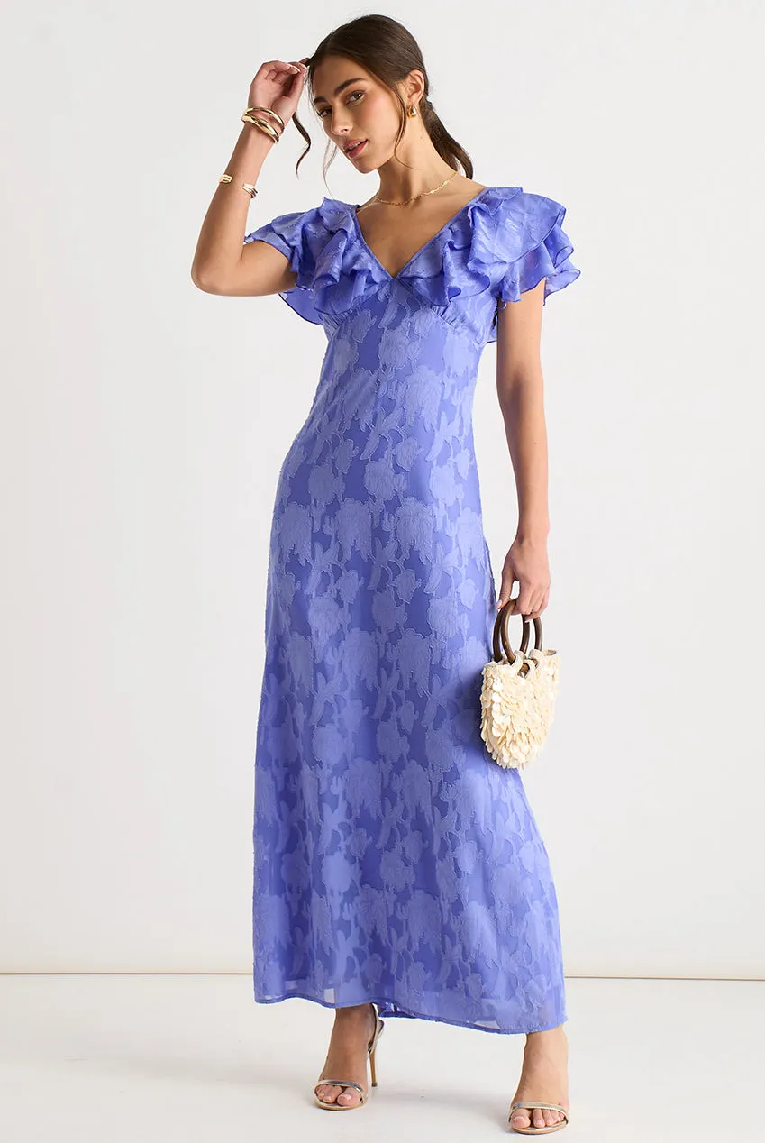 Gini London Ruffle abito maxi blu raso jacquard