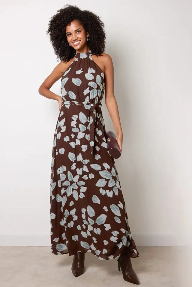 Blue Vanilla High Neck abito maxi cioccolato cintura