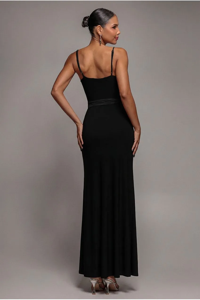 Goddiva Wrap Front Maxi abito lungo nero incrocio con cintura