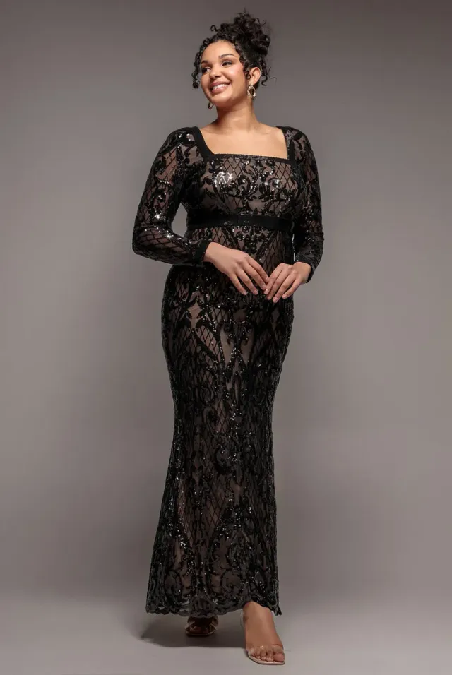 Goddiva Plus DR4038 abito maxi nero paillettes