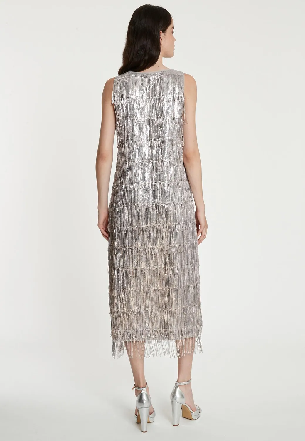 Ana Alcazar Tabyla abito midi paillettes argento frange