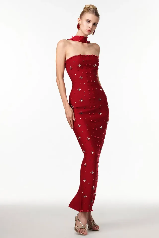 Bella Barnett Nesya abito maxi vino bandage