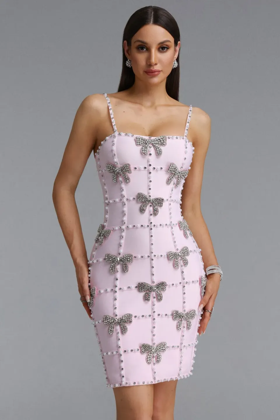Bella Barnett Contour Bow abito mini rosa con strass