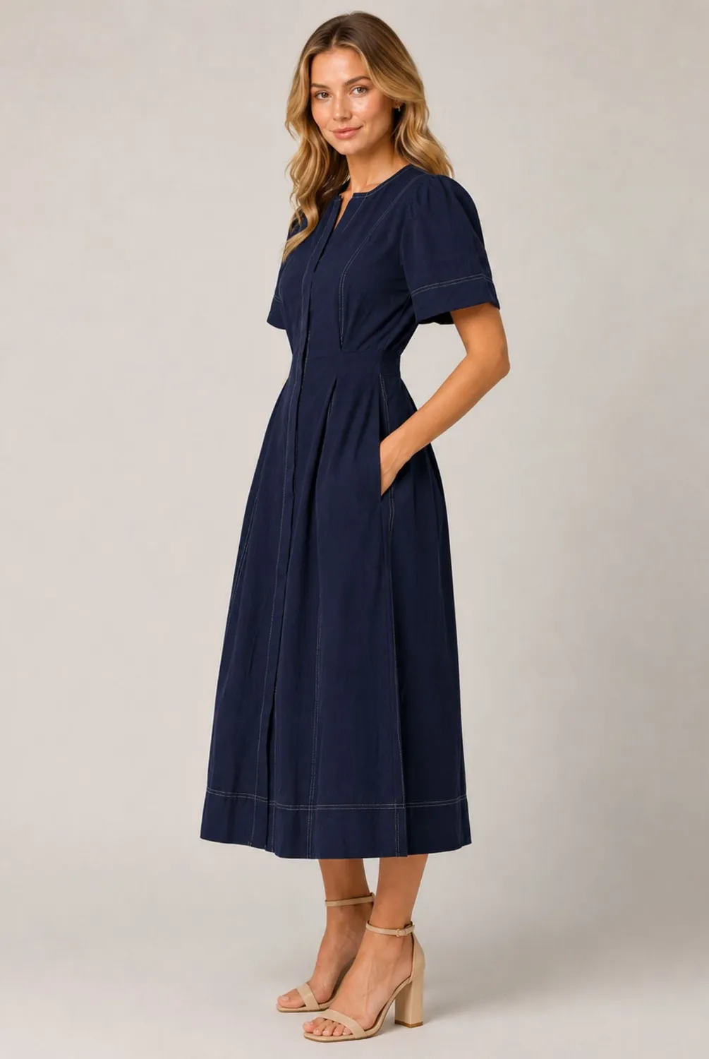 Avinci Contrast Stitch abito midi blu navy