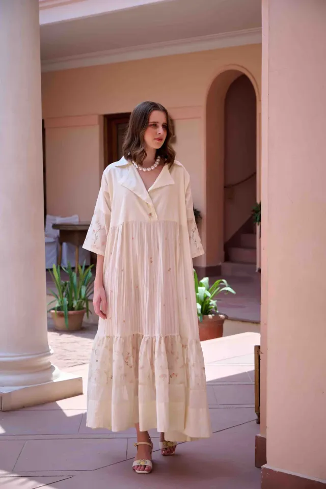 Our Dve Charlotte abito lungo cotone beige floreale