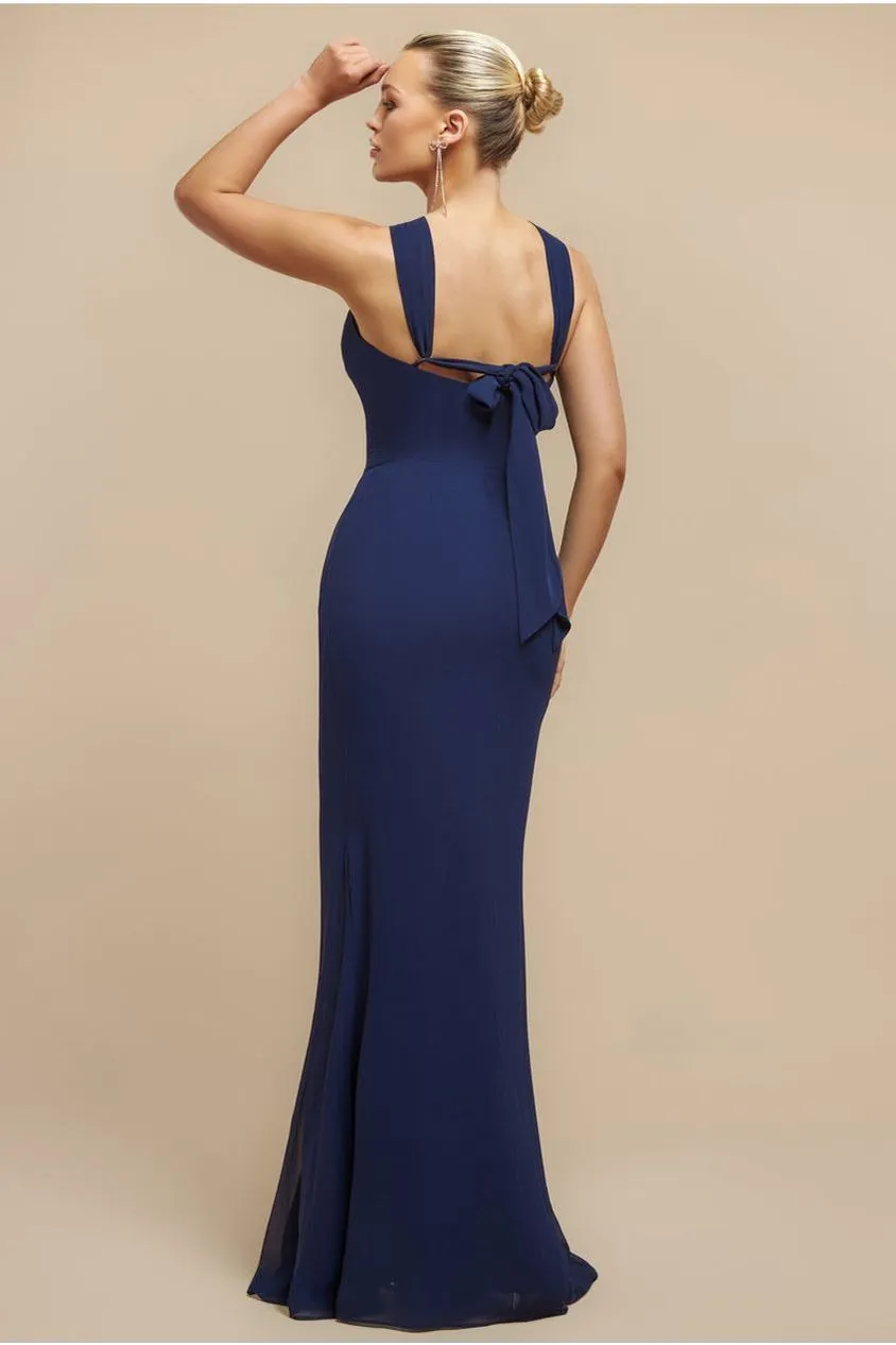 Goddiva Thigh Split abito maxi chiffon blu navy halter spacco