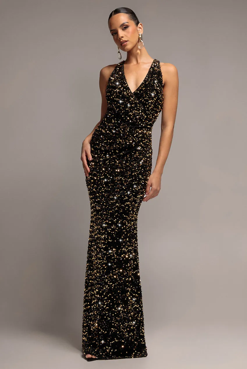 Goddiva Maxi Abito Oro Velluto Paillettes Scollo V