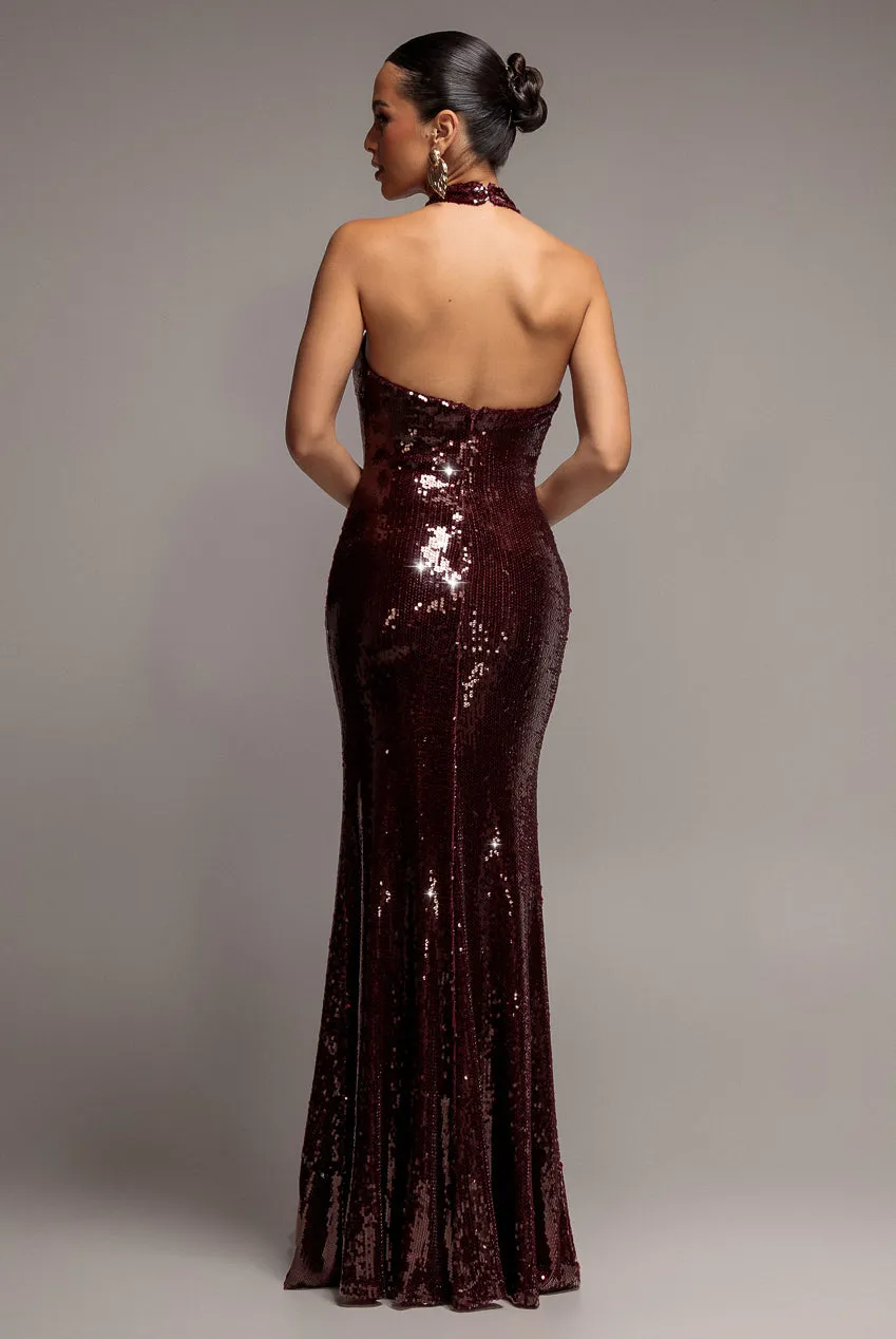 Goddiva Sequin Open Back abito maxi bordeaux sirena paillettes