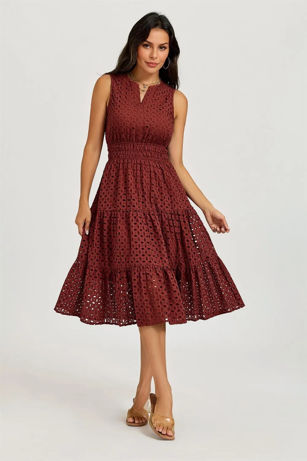 FS Collection Broderie abito midi ruggine in cotone sangallo