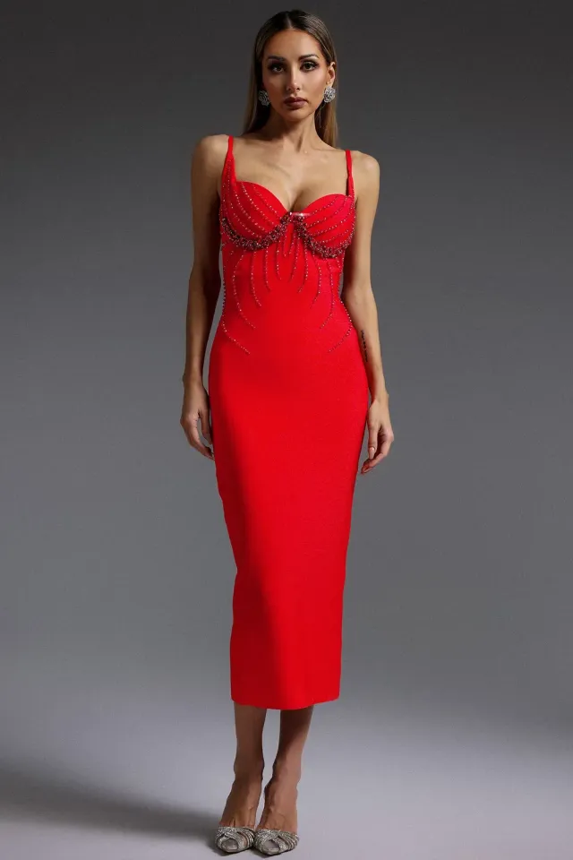 Bella Barnett Shaha abito maxi rosso bandage XS-XL
