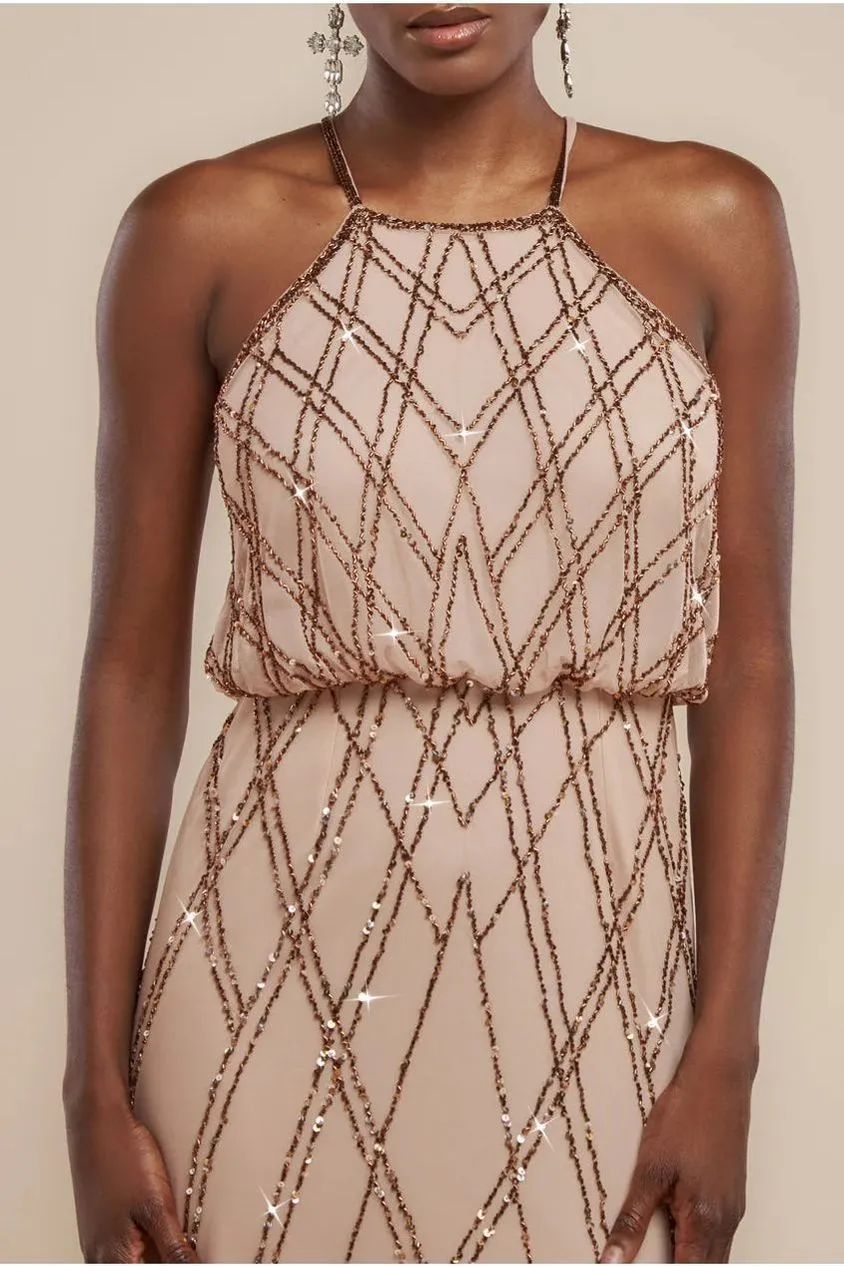 Goddiva Racer abito maxi champagne paillettes