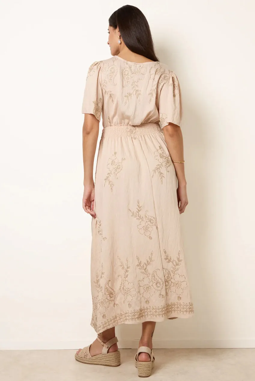 Goddiva Blue Vanilla Abito Maxi Stone ricamo metallizzato