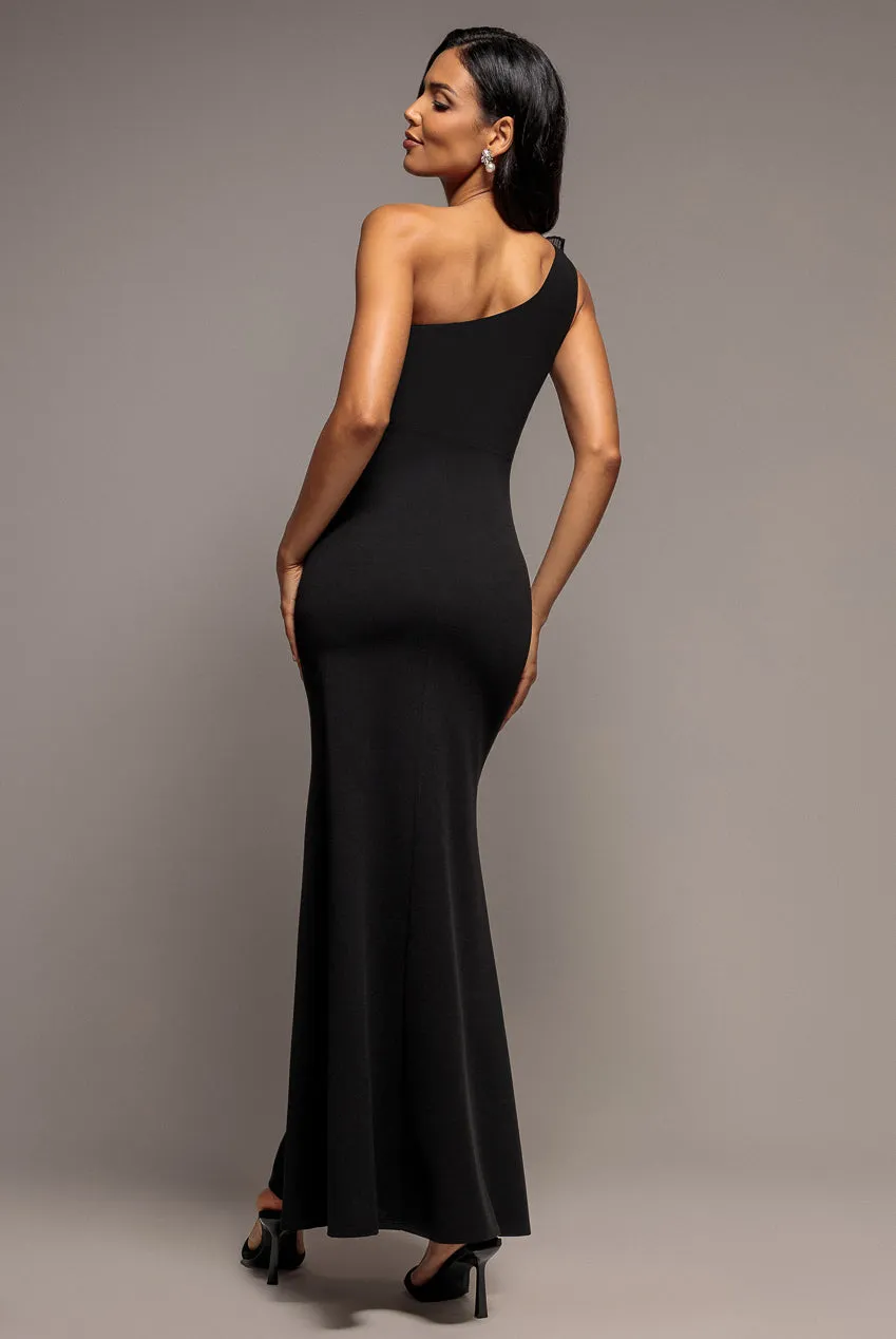 Goddiva One Shoulder Pleated Fan abito maxi nero