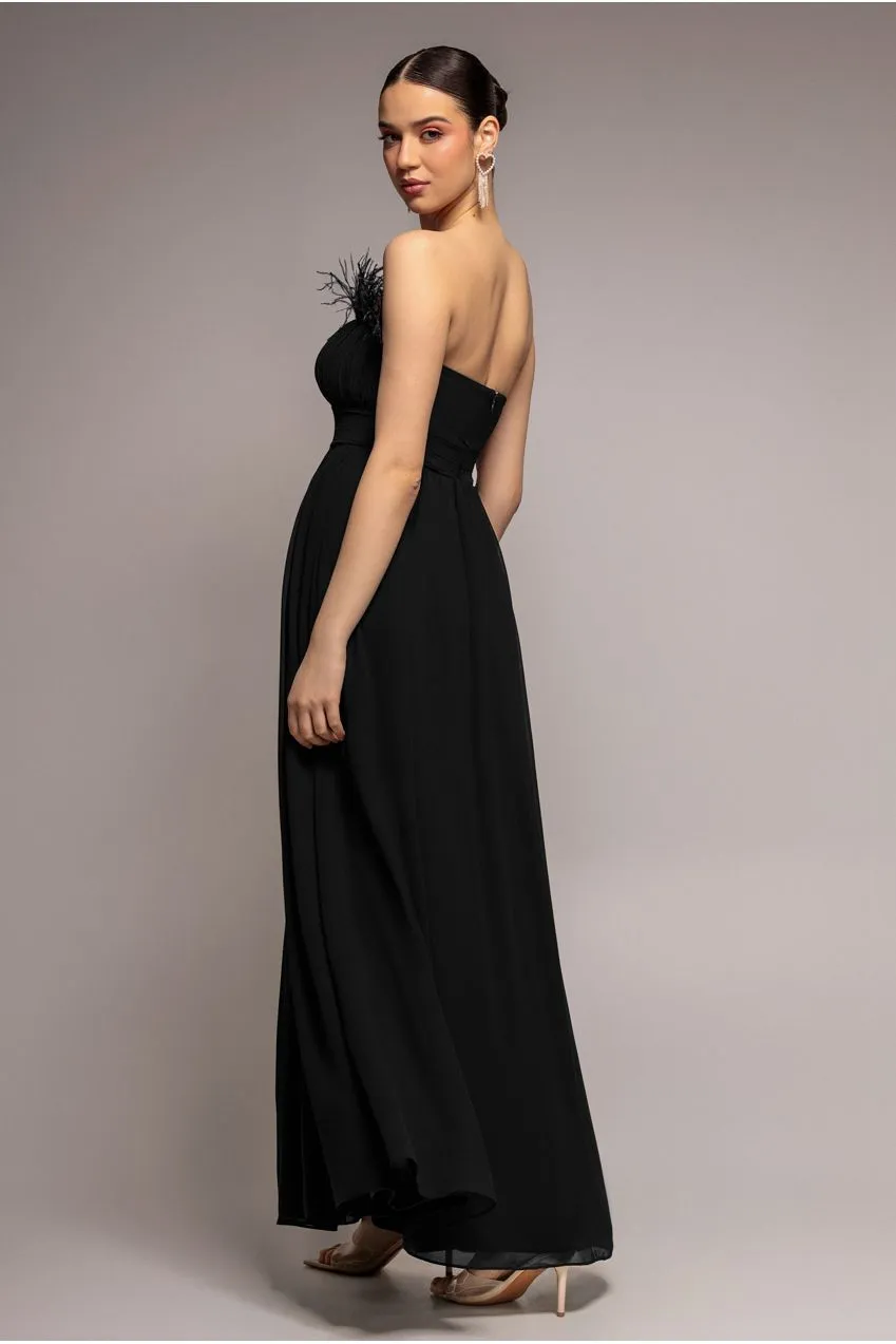 Goddiva abito maxi chiffon nero senza spalline piuma