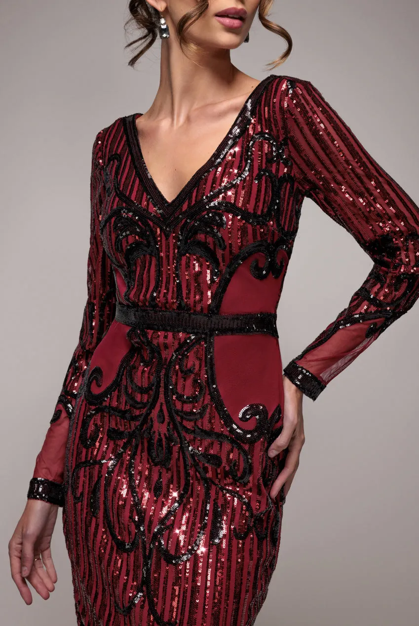 Goddiva DR3235 Abito Midi Vino Pizzo Bodycon Maniche Lunghe