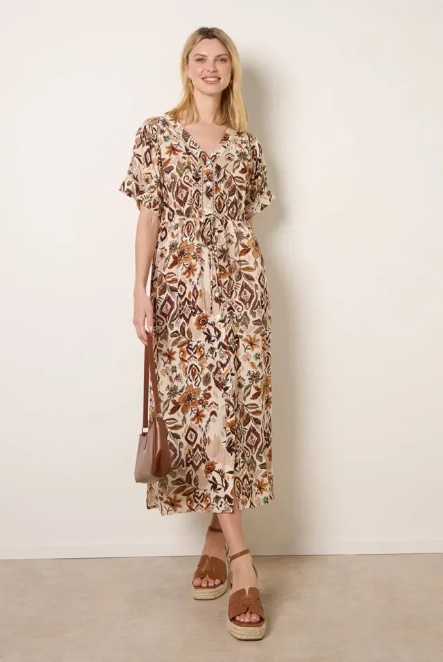 Blue Vanilla Drawstring Waist Abito Midi Marrone Stampa Manica Corta