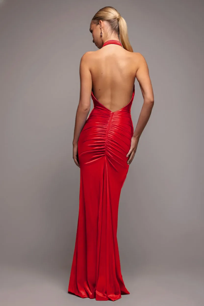 Goddiva Halter Cowl Neck abito maxi rosso schiena aperta