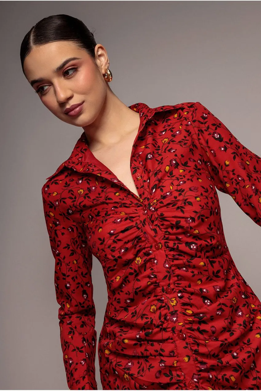 Goddiva Floral Print Abito Camicia Rosso Midi Floreale
