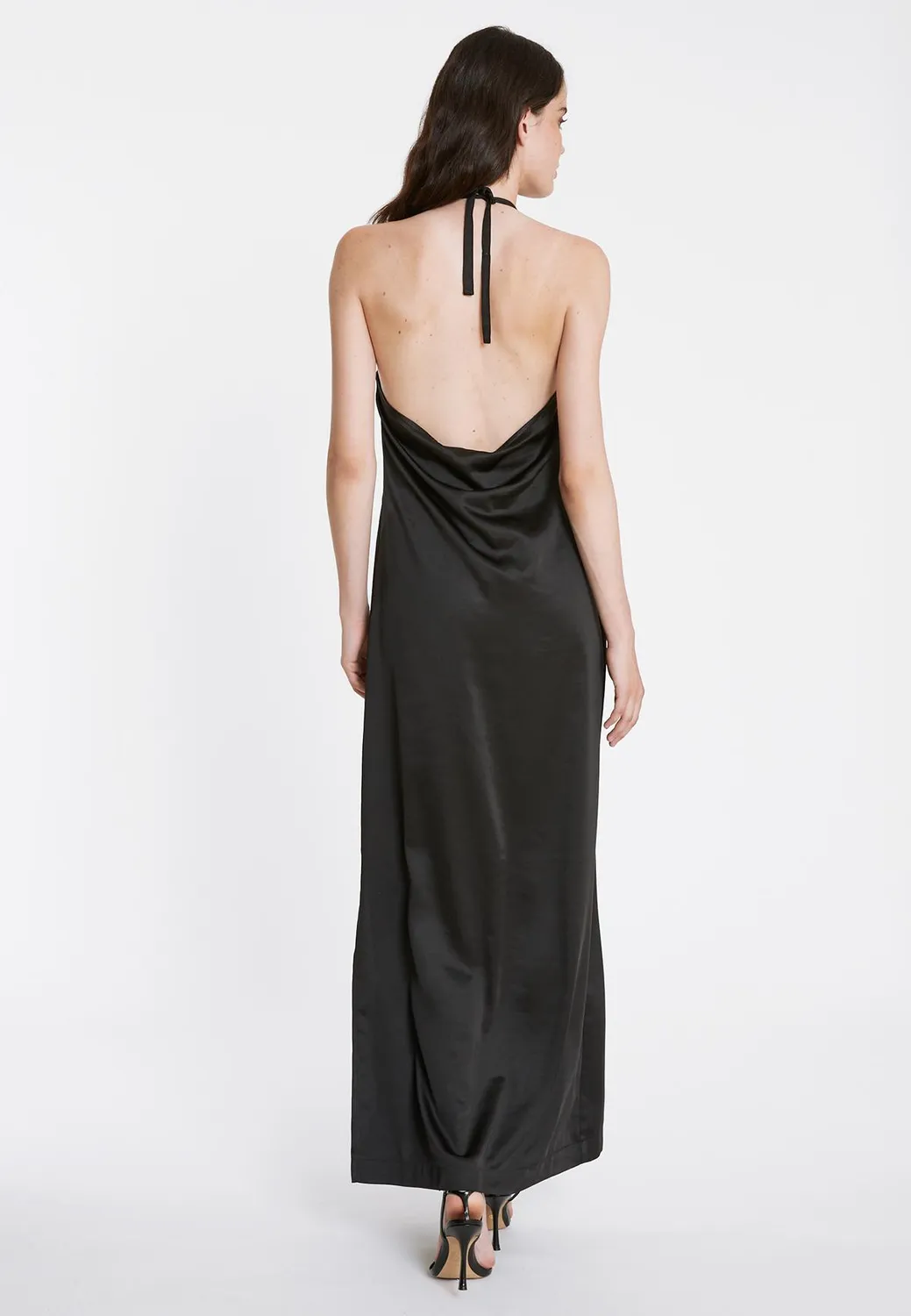 Ana Alcazar Paha abito lungo raso nero scollo halter