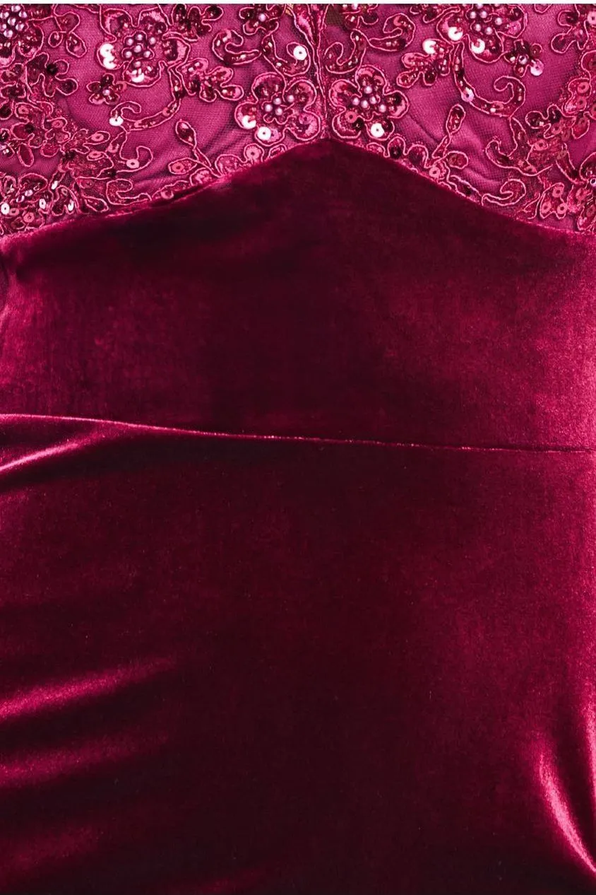 Goddiva Scalloped Lace abito midi bordeaux velluto e pizzo