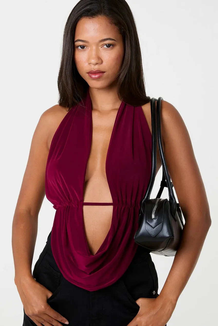 Pink Vanilla Halter Drape Tie Back top bordeaux S/M scollato
