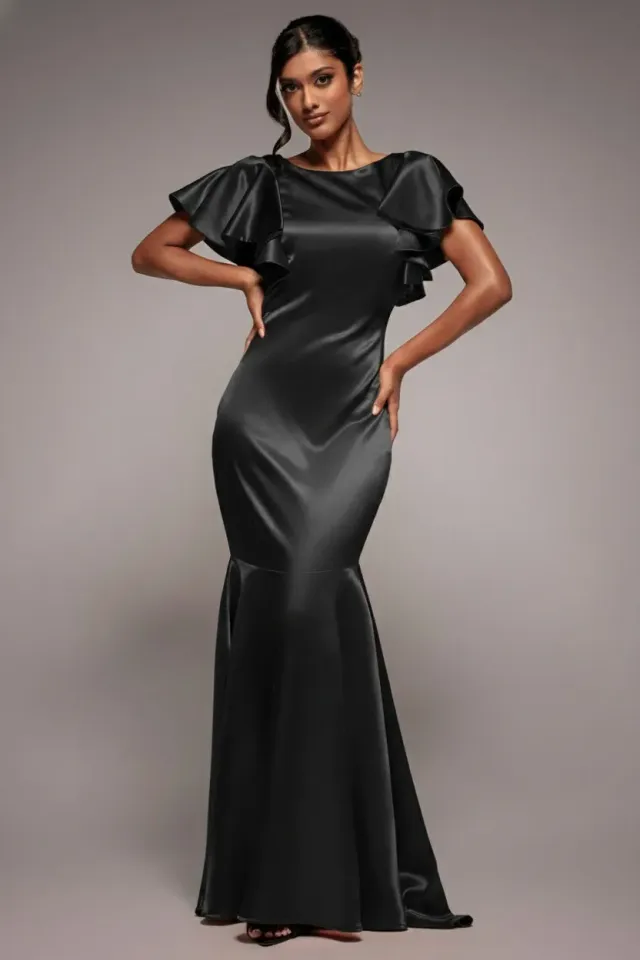 Goddiva DR3954 abito maxi satin nero sirena maniche volant