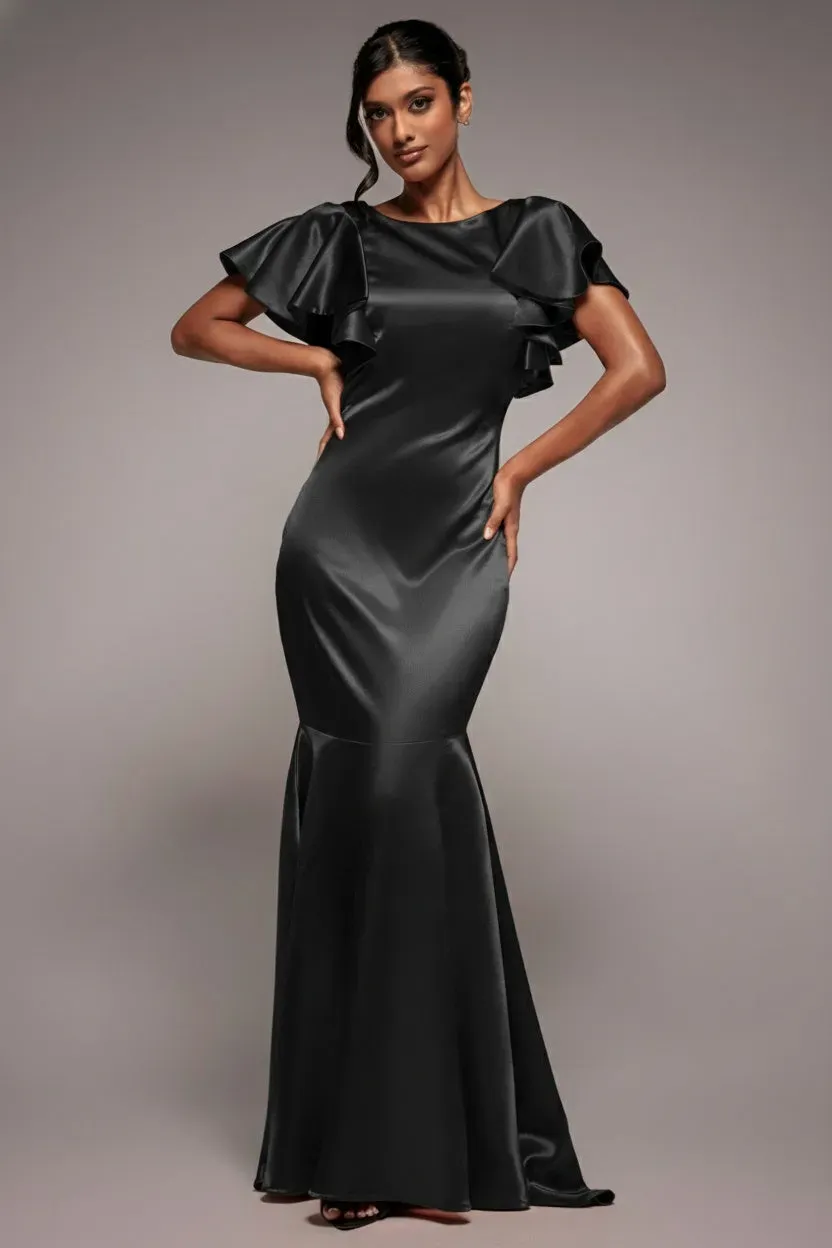 Goddiva DR3954 abito maxi satin nero sirena maniche volant