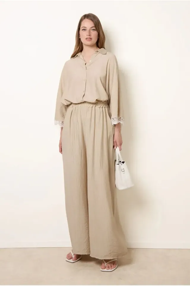 Goddiva Crinkle Viscose Wide Leg pantaloni beige