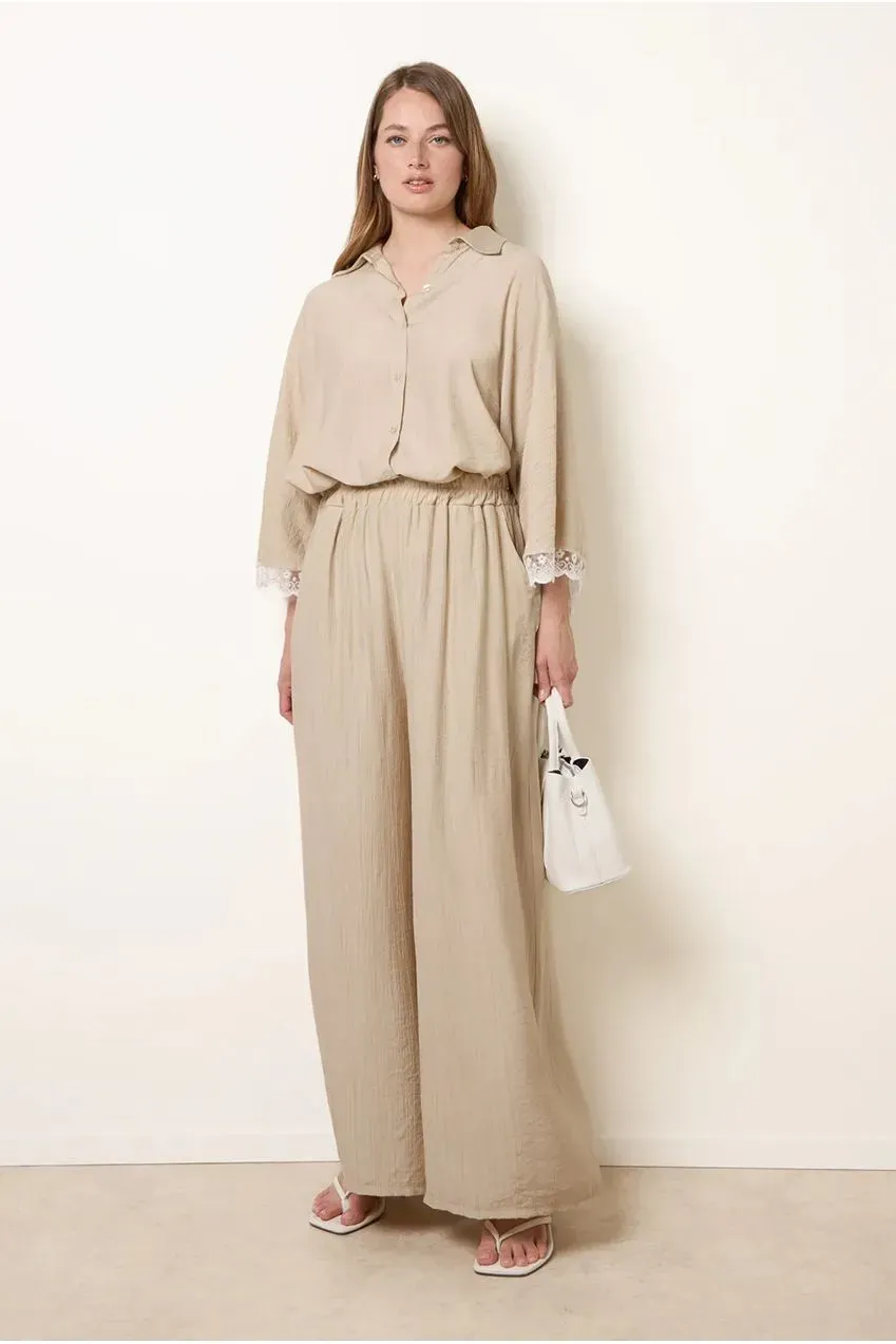 Goddiva Crinkle Viscose Wide Leg pantaloni beige