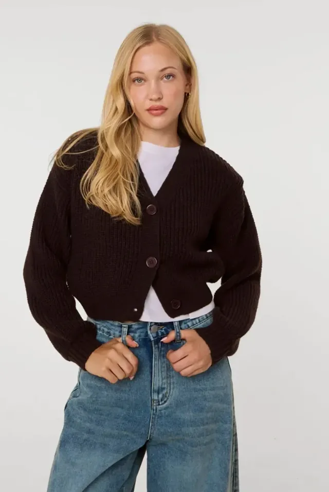Pink Vanilla Cropped cardigan cioccolato scollo a V bottoni