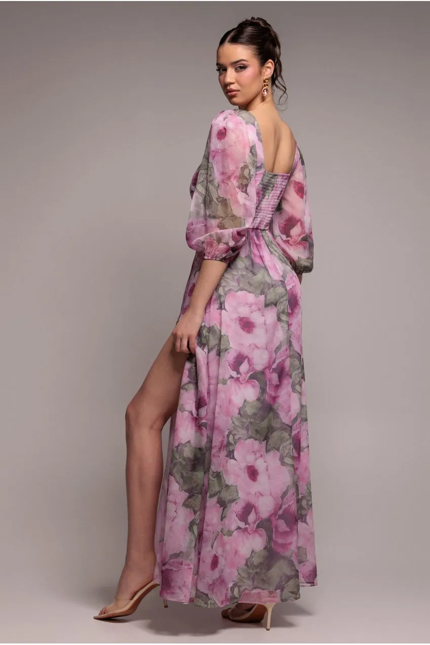 Goddiva abito chiffon rosa cipria floreale spacco