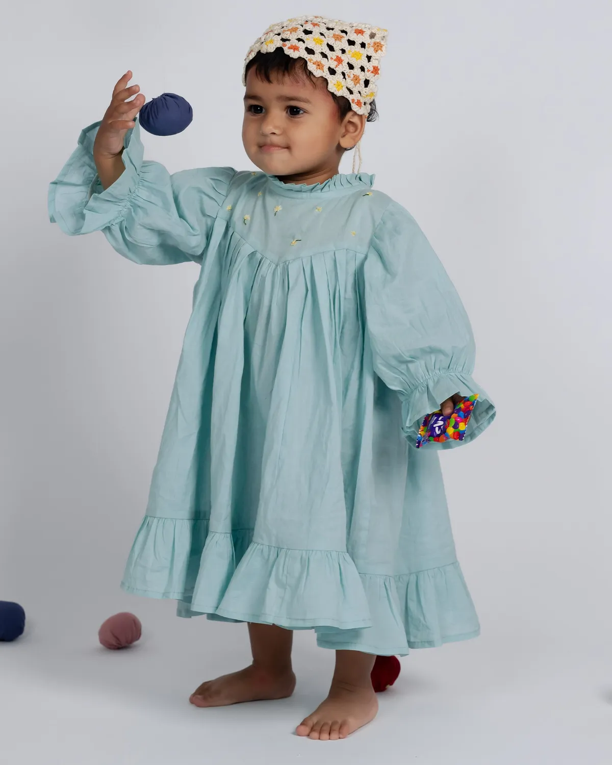 Our Dve Tilly abito bambina blu cotone collo alto