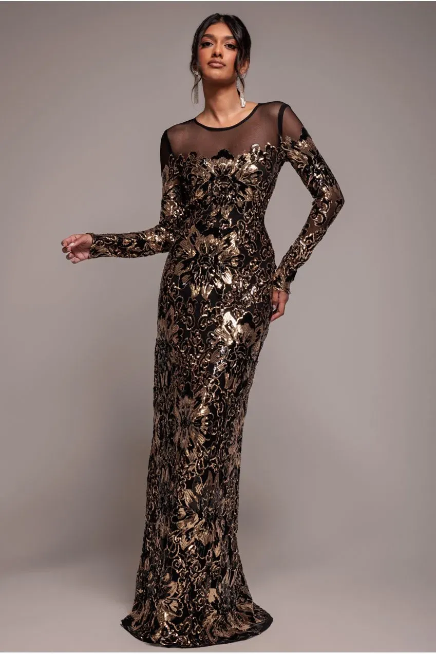 Goddiva Floral Abito Maxi Oro Paillettes