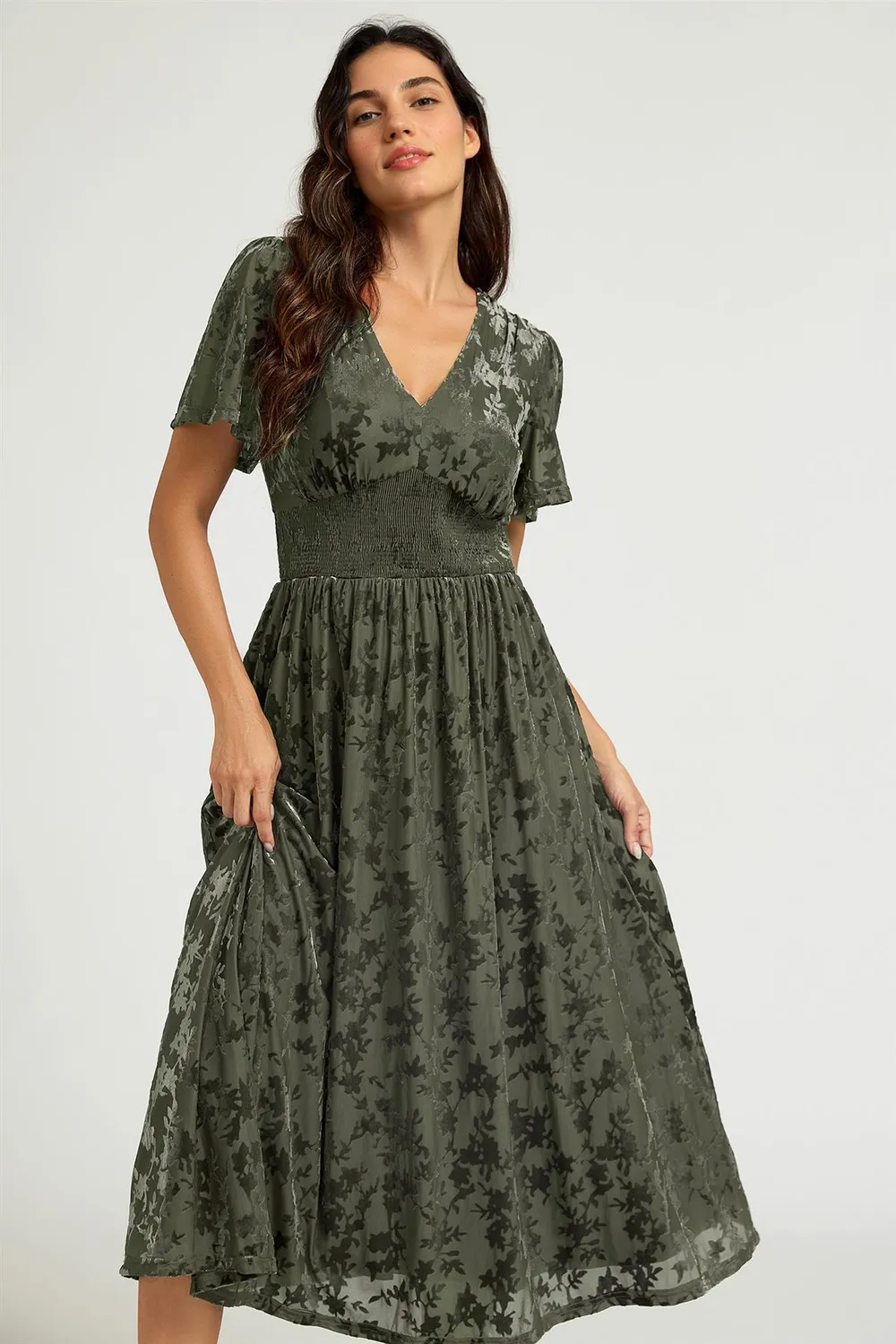 FS Collection abito midi velluto devoré verde salvia