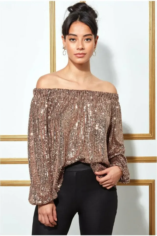 Goddiva Bardot Sequin Crop top champagne con paillettes