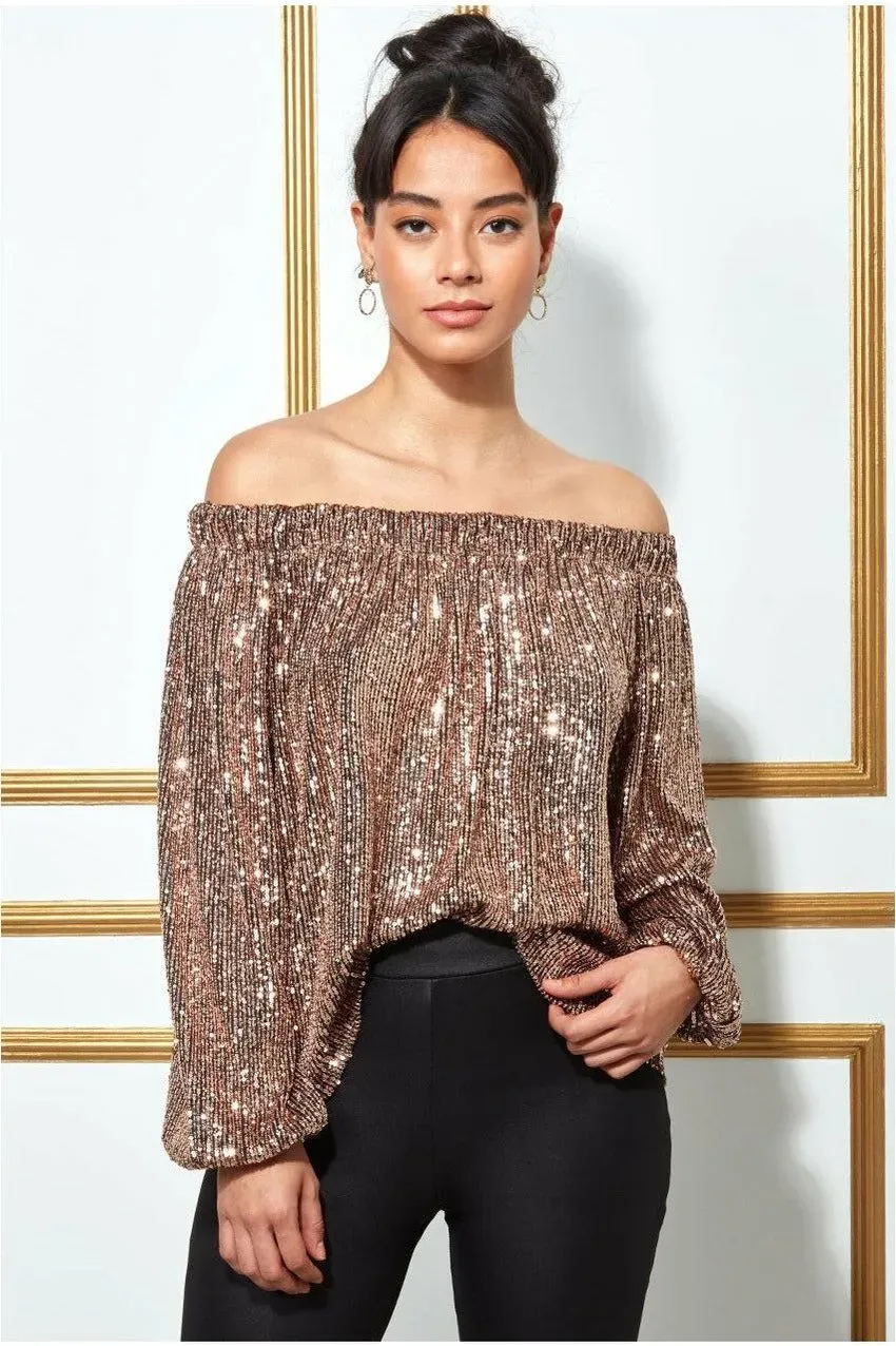 Goddiva Bardot Sequin Crop top champagne con paillettes