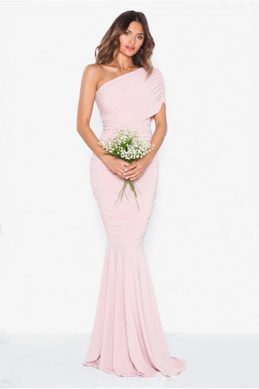 Honor Gold Alice abito maxi monospalla rosa blush aderente