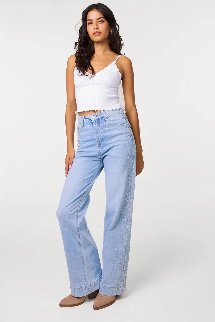 Pink Vanilla Diamante Jeans Denim Chiaro Gamba Larga