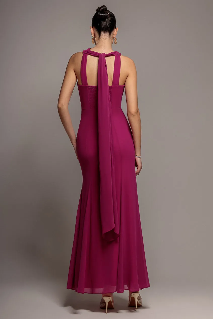 Goddiva Cross Front abito maxi magenta chiffon