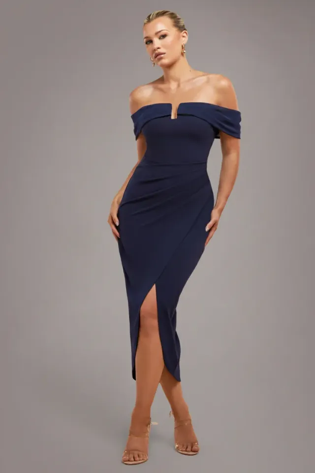 Goddiva spalle scoperte abito midi blu navy scuba