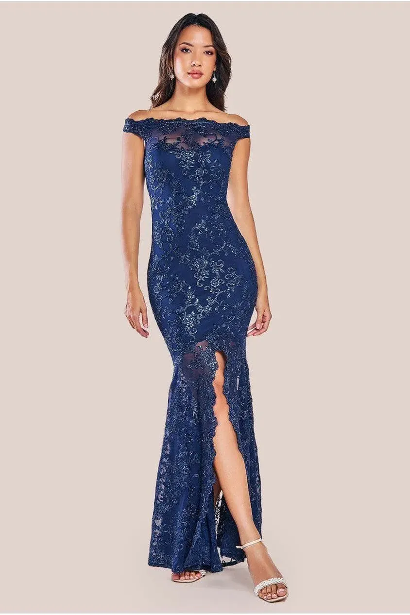 Goddiva Lace abito maxi navy pizzo spalle scoperte sirena