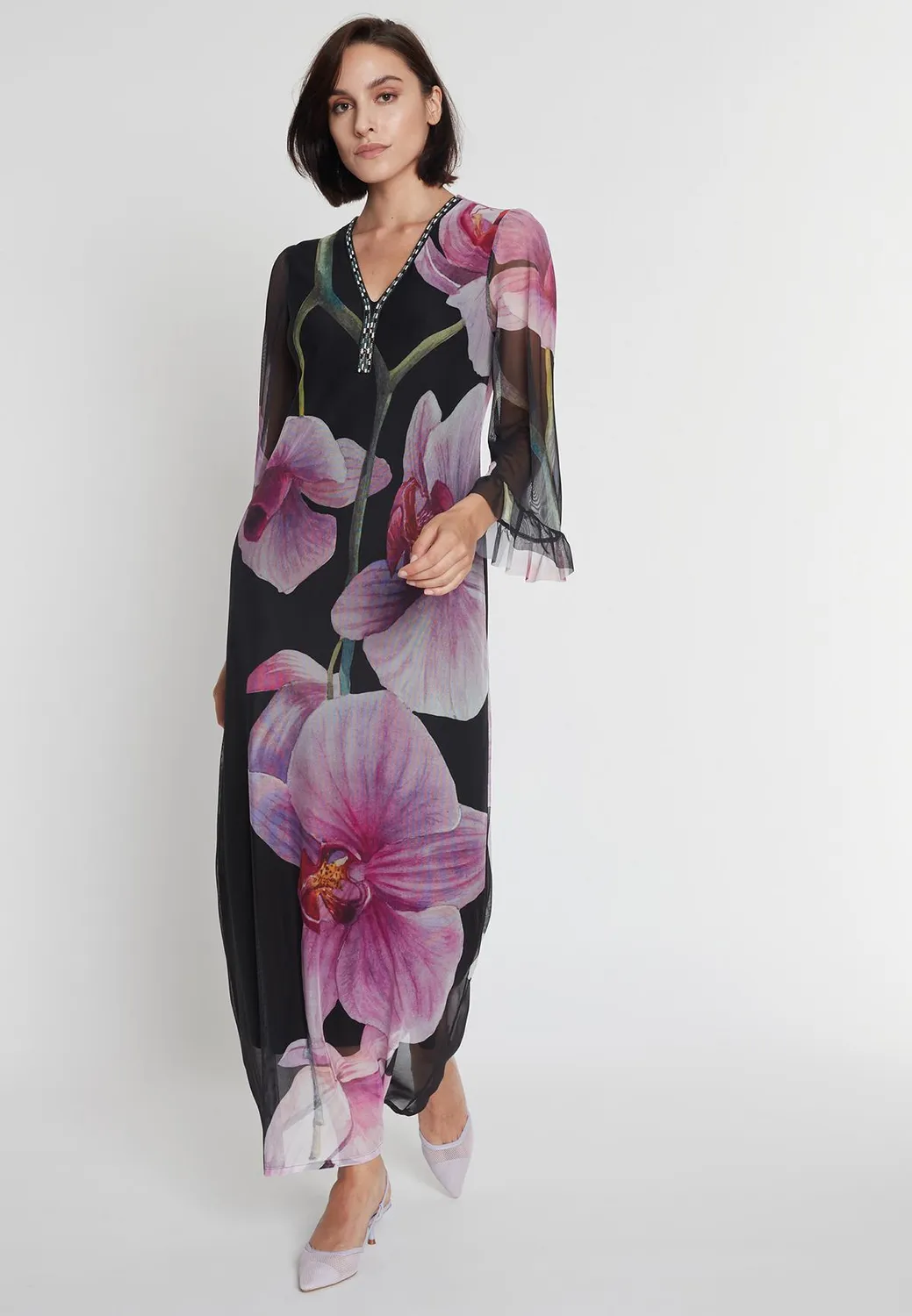Ana Alcazar Pegasa abito caftano maxi nero stampa orchidea