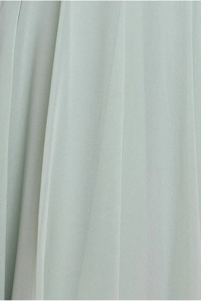 Goddiva Abito Maxi Chiffon Verde Salvia Scollo Arricciato Damigella