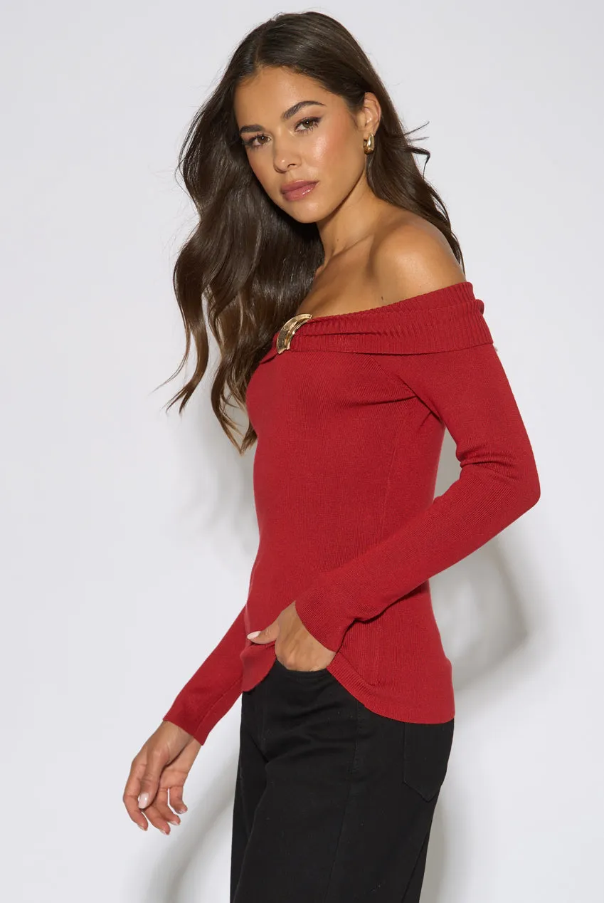 Gini London Bardot Top Rosso Bottoni Oro Manica Lunga